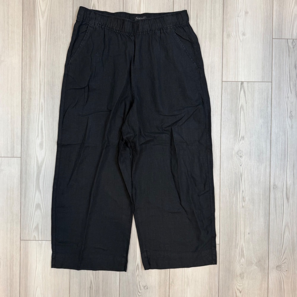 Tahari Black 100% Linen Wide Leg Cropped Pants Elastic Waist XL